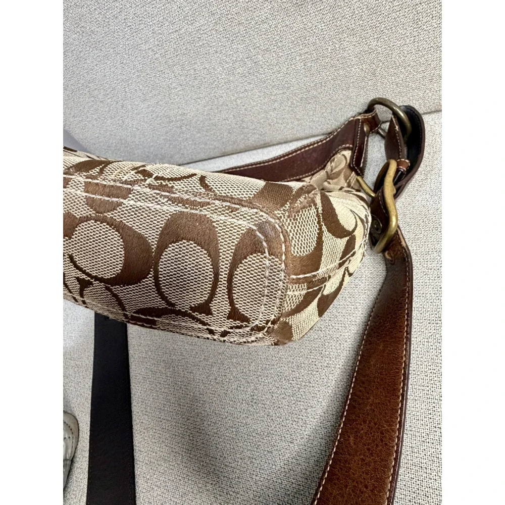 Y2K Coach Signature Jacquard Crossbody Bag Brown Leather Trim 10403 VTG‎ Khaki
